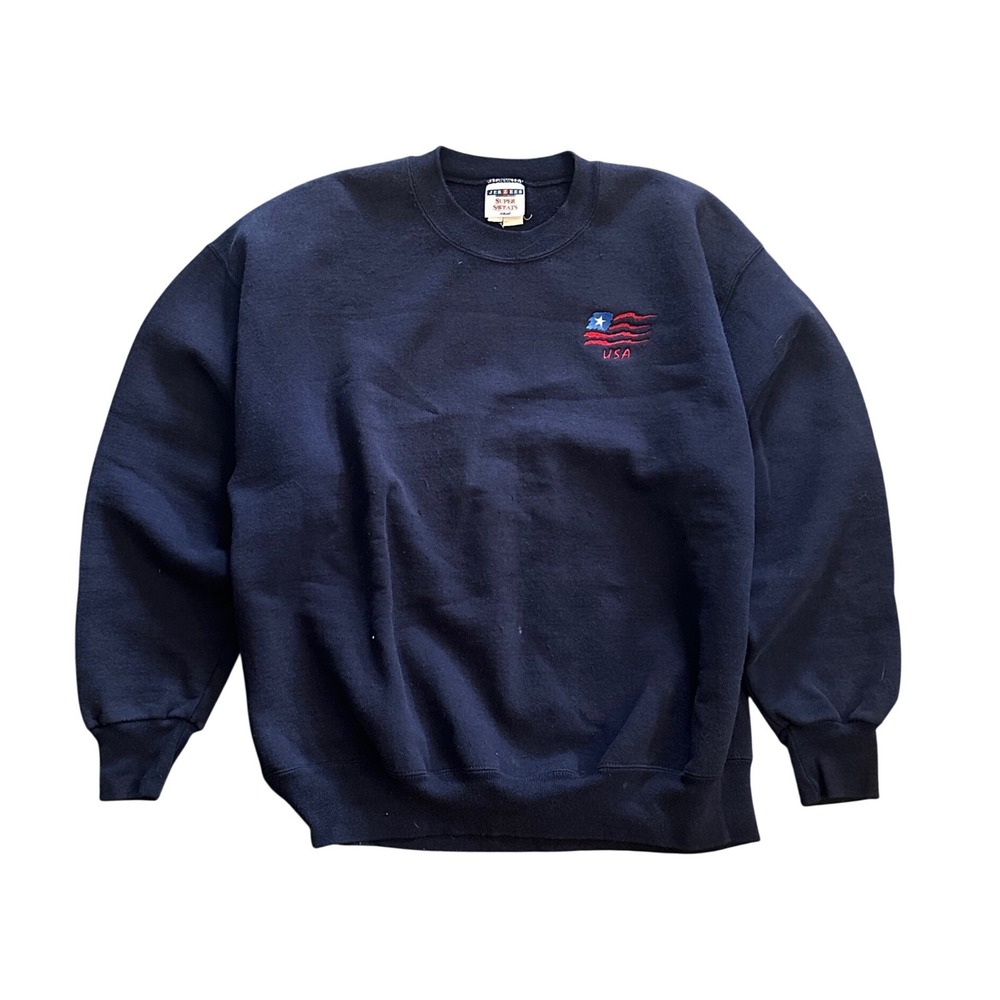 Vintage Jerzees Super Sweats USA Flag Navy Blue Crewneck‎ Sweatshirt Mens XL 90s